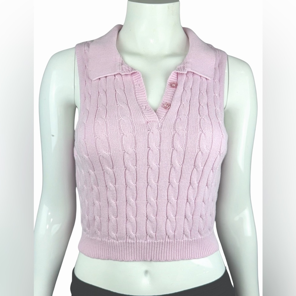 Double Zero Cropped Cable Knit Sweater Vest Pink Polo Style Size Small